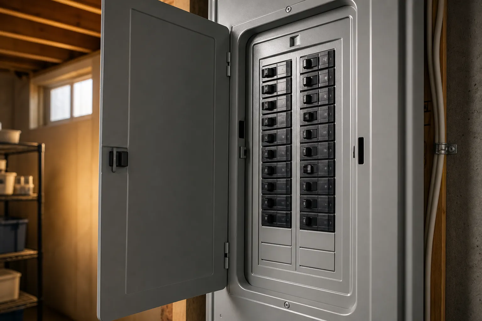 Modern residential electrical panel with its door open